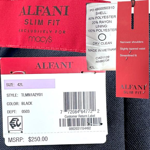 Alfani Slim Fit Blazer Jacket, Dress Shirt and Tie, Size 42L, Black - Picture 11 of 12
